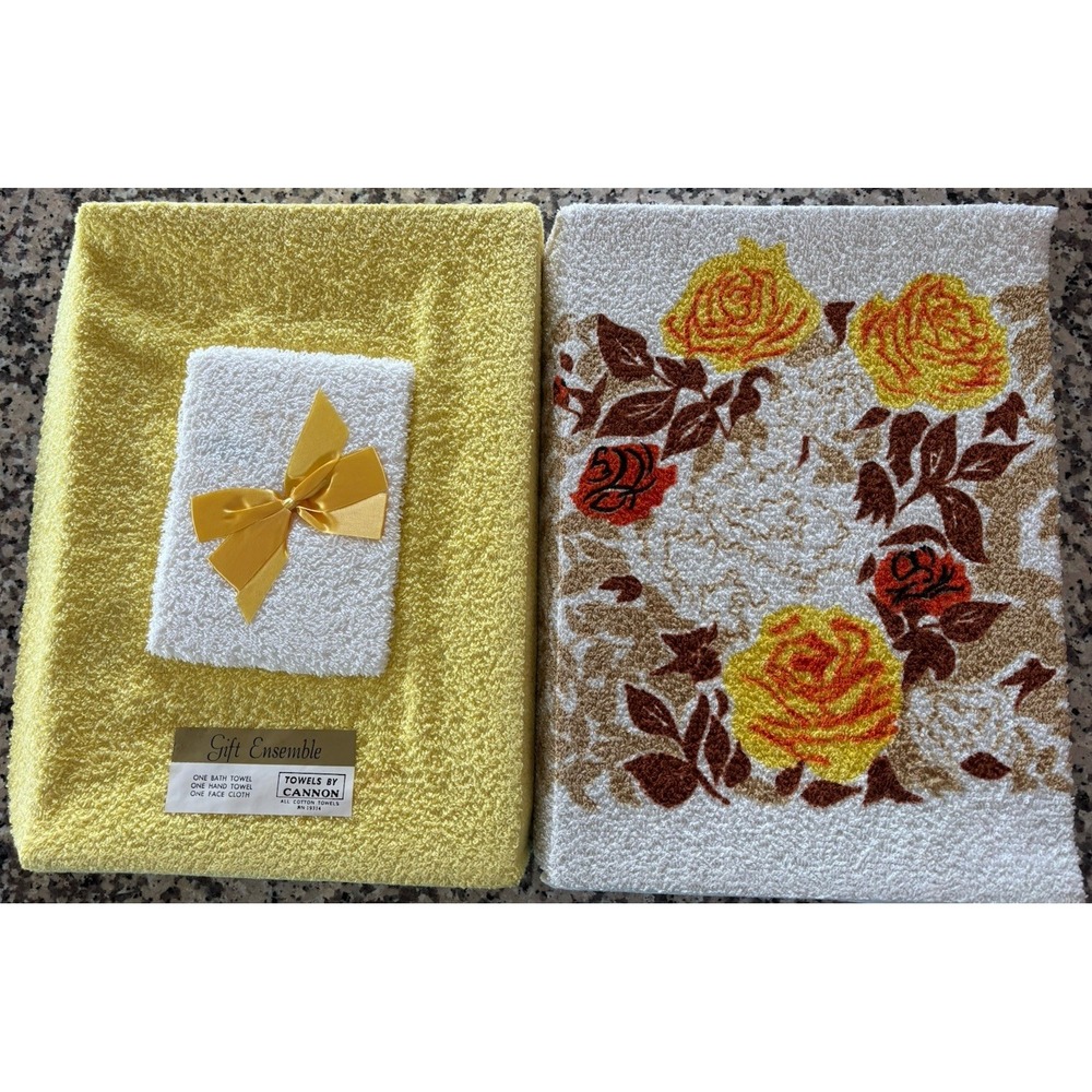 Vintage 3-Piece Cannon Bathroom Towel Gift Set MCM Unused Yellow Orange Roses